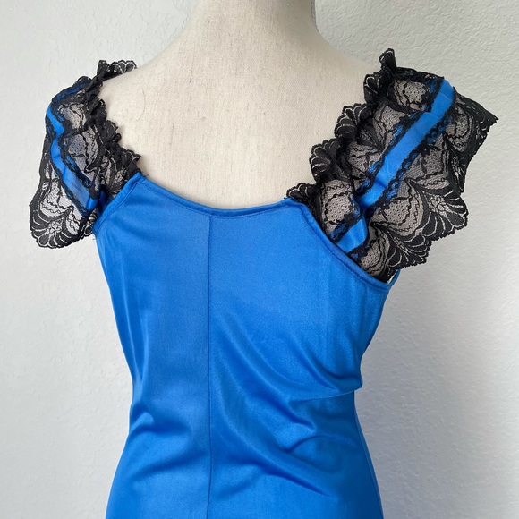 VINTAGE ROYAL BLUE LACE SILKY NIGHTGOWN SLIP DRESS MAXI MEDIUM - Picture 9 of 13